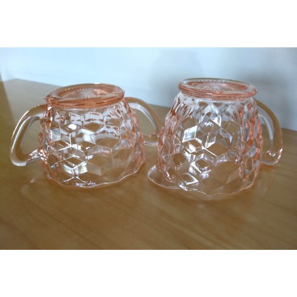 PINK DEPRESSION GLASS Creamer & Sugar Bowl Set Jeanette DIAMOND CUBIST Vintage - Picture 12 of 16
